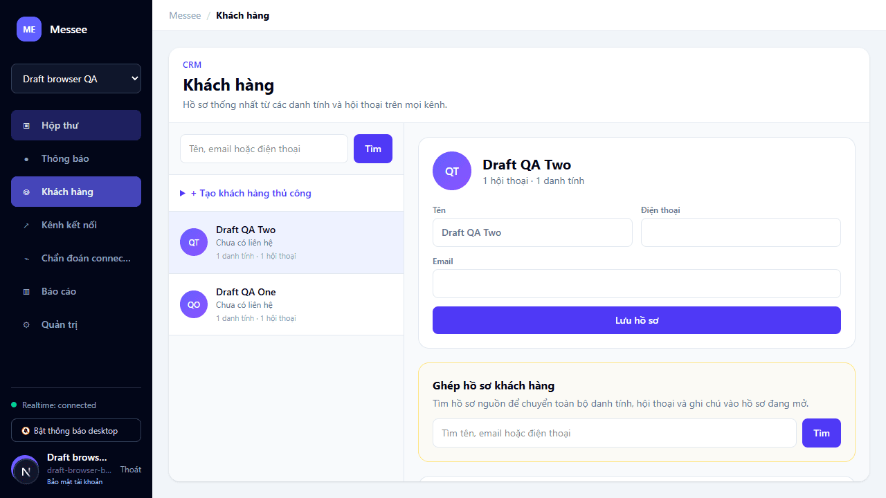 Giao diện CRM Messee với danh sách và hồ sơ khách hàng