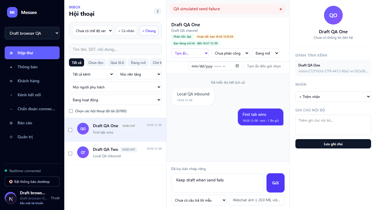 Giao diện Hộp thư Messee hiển thị danh sách hội thoại, timeline và hồ sơ khách hàng
