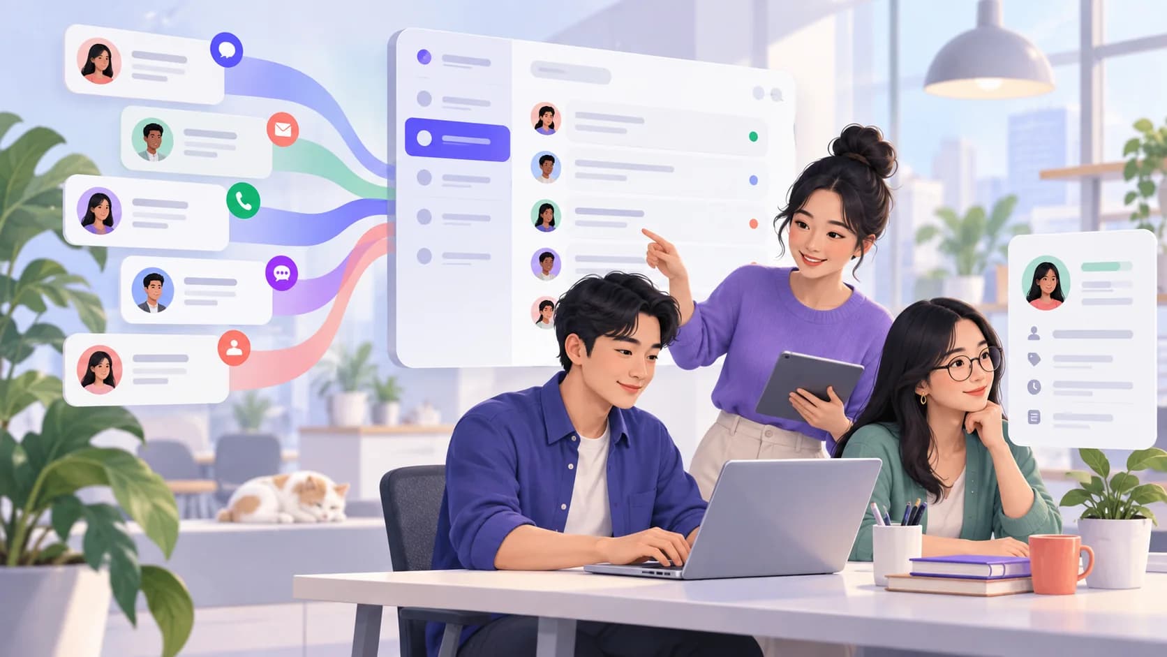 Ba thành viên đội chăm sóc khách hàng cùng xử lý hội thoại trong một không gian làm việc sáng sủa